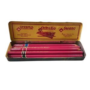 Vintage Stabilo 8200 Series Schwan Pencil Red Graphite Set 8 with Tin Box 50s